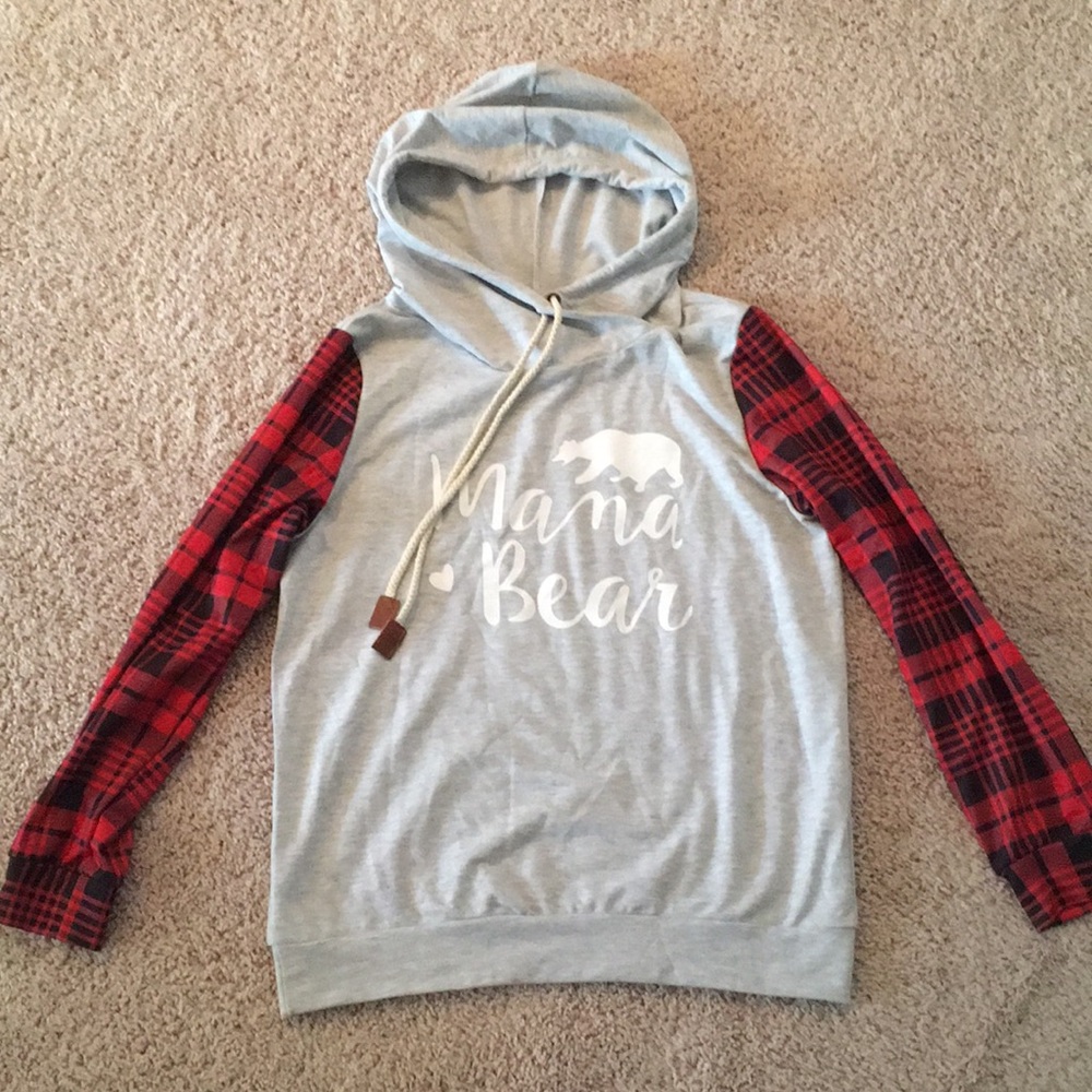 Mama Bear Grey & Red Plaid Hoodie sz S